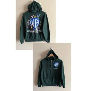 Warner Brothers Womens green zip up hoodie 100 yrs Size Small Back Hit Letterman